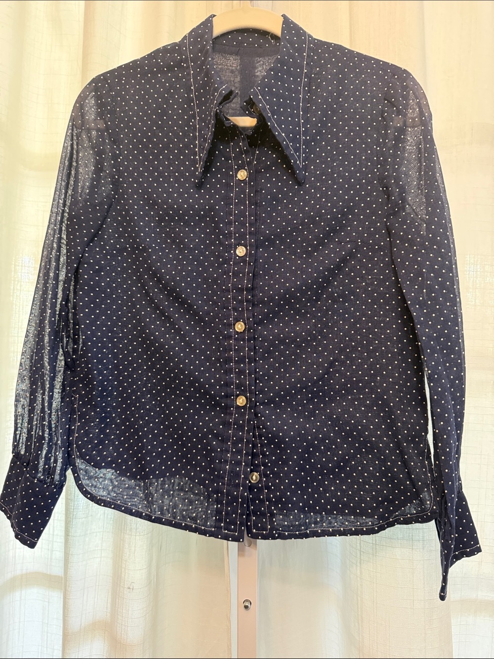 Vintage Navy Polka Dot Button-Up Blouse - Classic Long Sleeve
